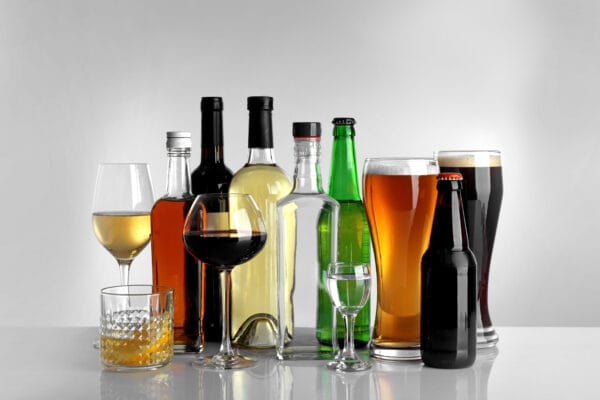 Beer and wine bottles and glasses
