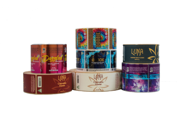 Stacks of different cannabis labels