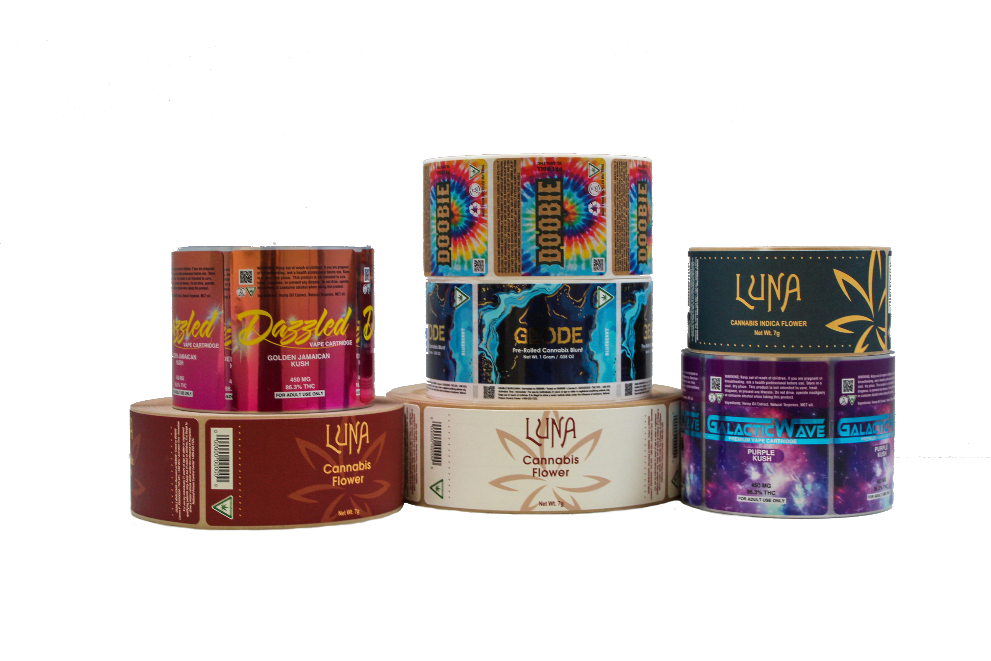 Stacks of different cannabis labels