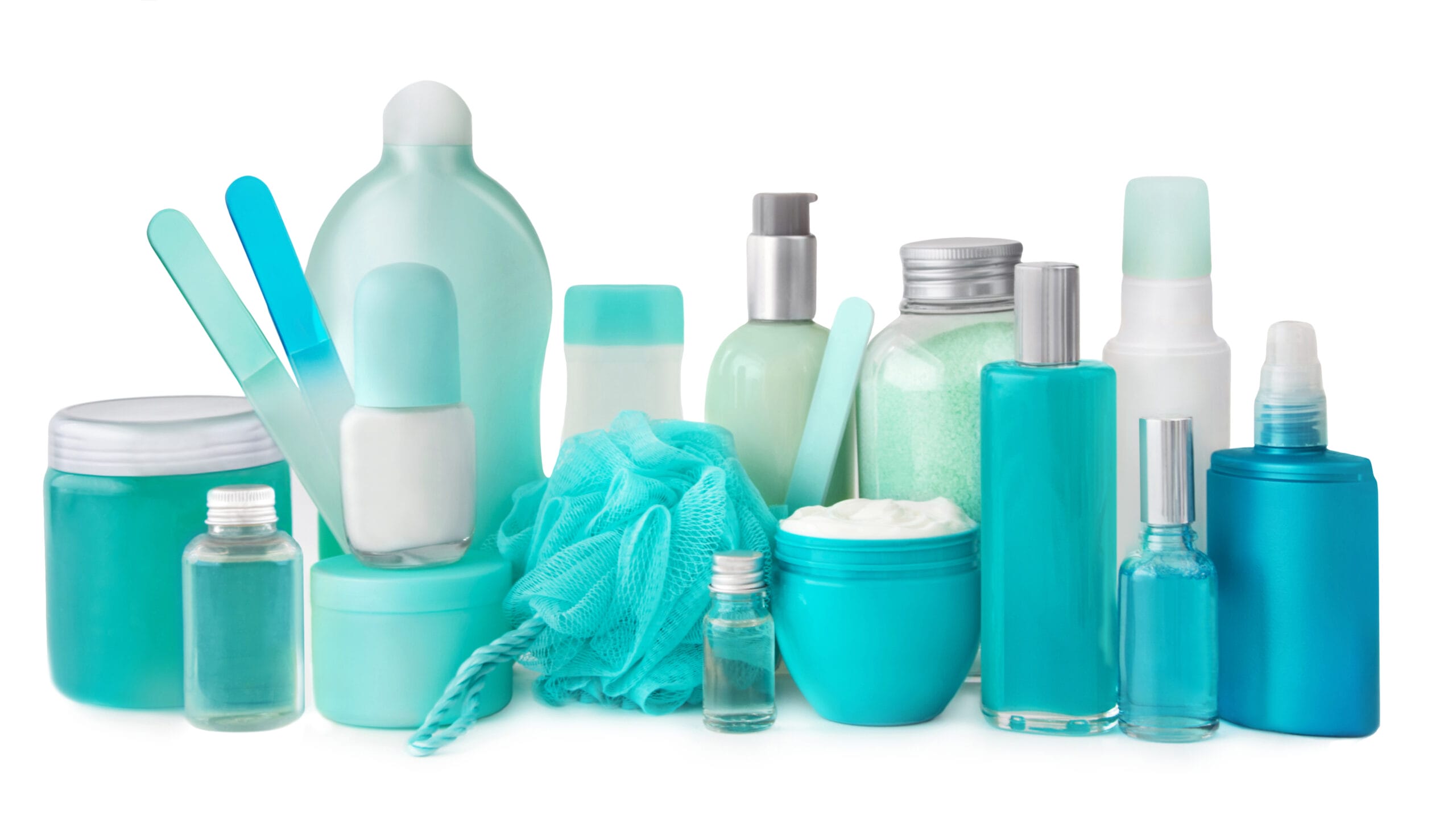 Beauty cosmetic products against white background