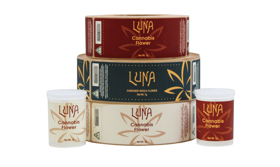 Stacks of three different Cannabis Labels