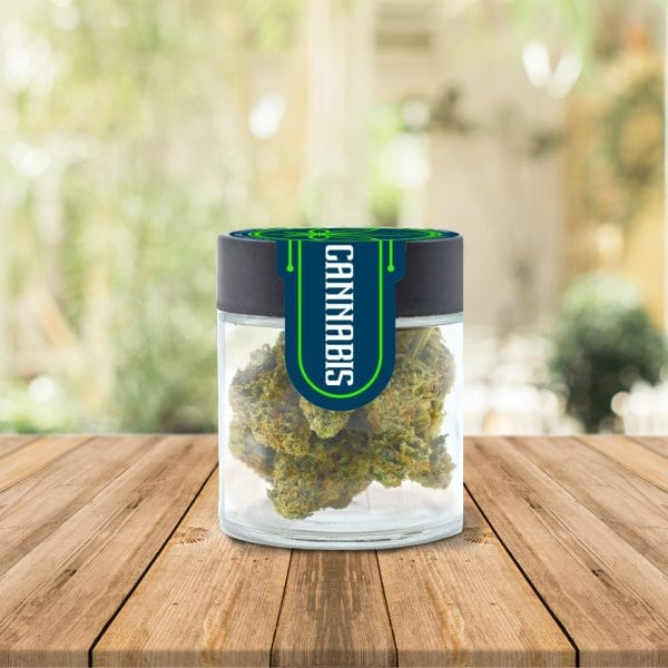 Cannabis stored in a jar with a Cannabis Label sealing the product