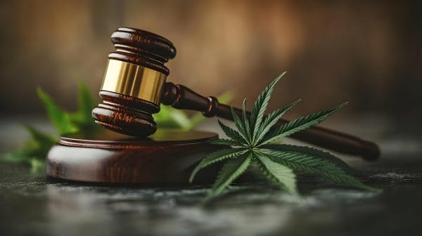 A gavel resting on a table with a cannabis leaf nearby
