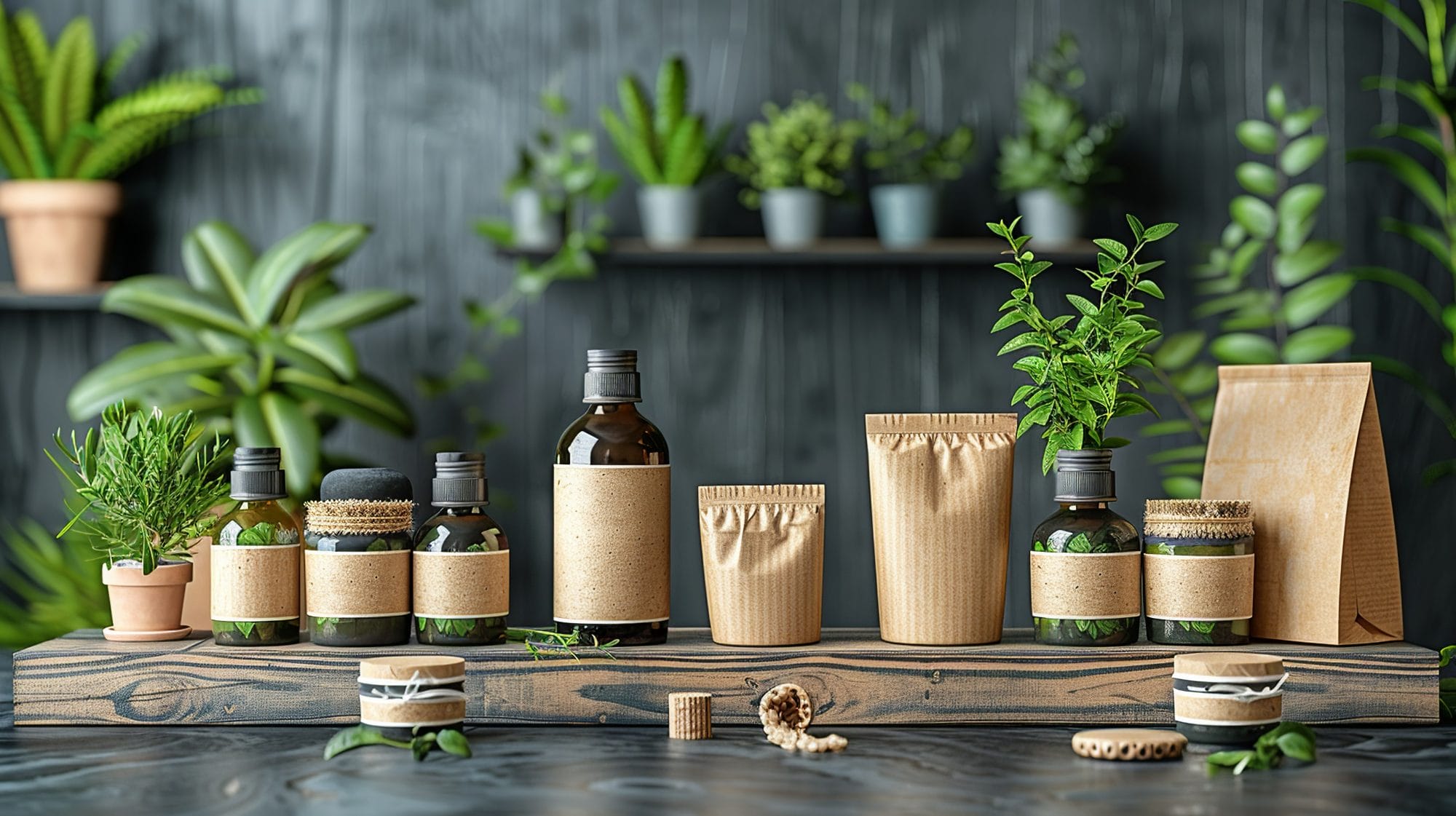 Mockups of eco-friendly packaging, including biodegradable plastic alternatives and recycled paper products. The items emphasize sustainability and environmental consciousness.
