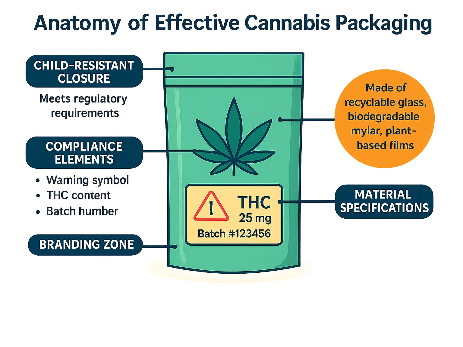 Anatomy of effective cannabis packaging showing child-resistant features, compliance elements, branding zones, and material specifications with callouts for each component including regulatory requirements and design best practices - weed pack designs infographic 