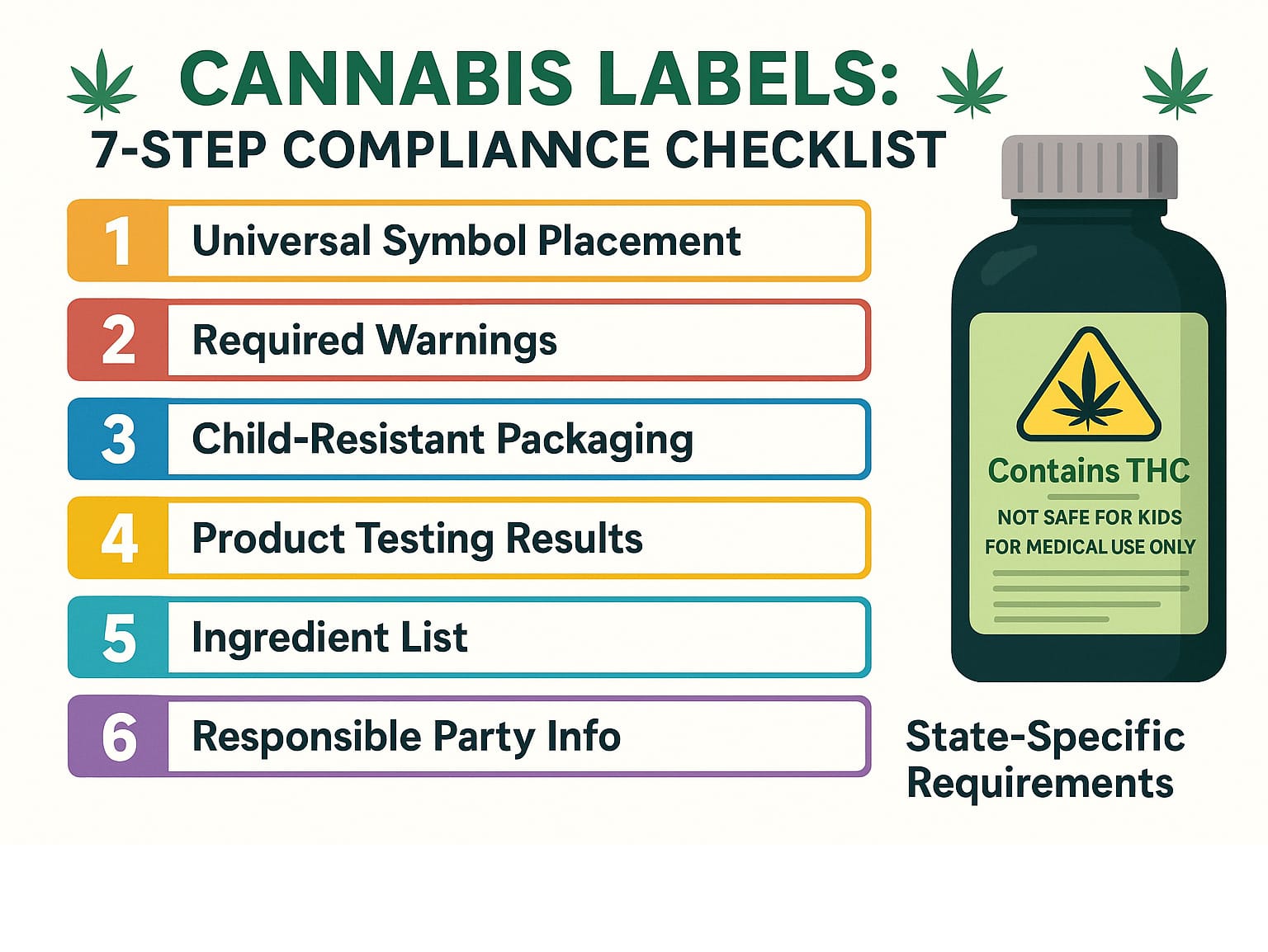 7-step cannabis label compliance checklist infographic showing universal symbol placement, required warnings, child-resistant packaging, and state-specific requirements - cannabis labels infographic 