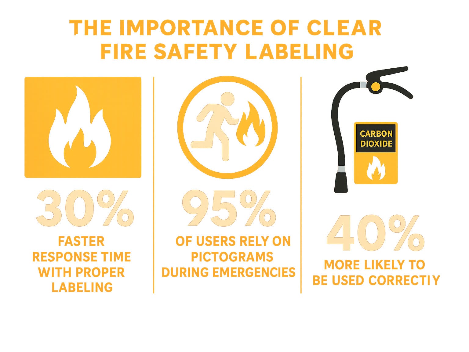 Statistics showing the importance of clear fire safety labeling: 30% faster response time with proper labeling, 95% of users rely on pictograms during emergencies, and properly labeled extinguishers are 40% more likely to be used correctly - carbon dioxide fire extinguisher label infographic 