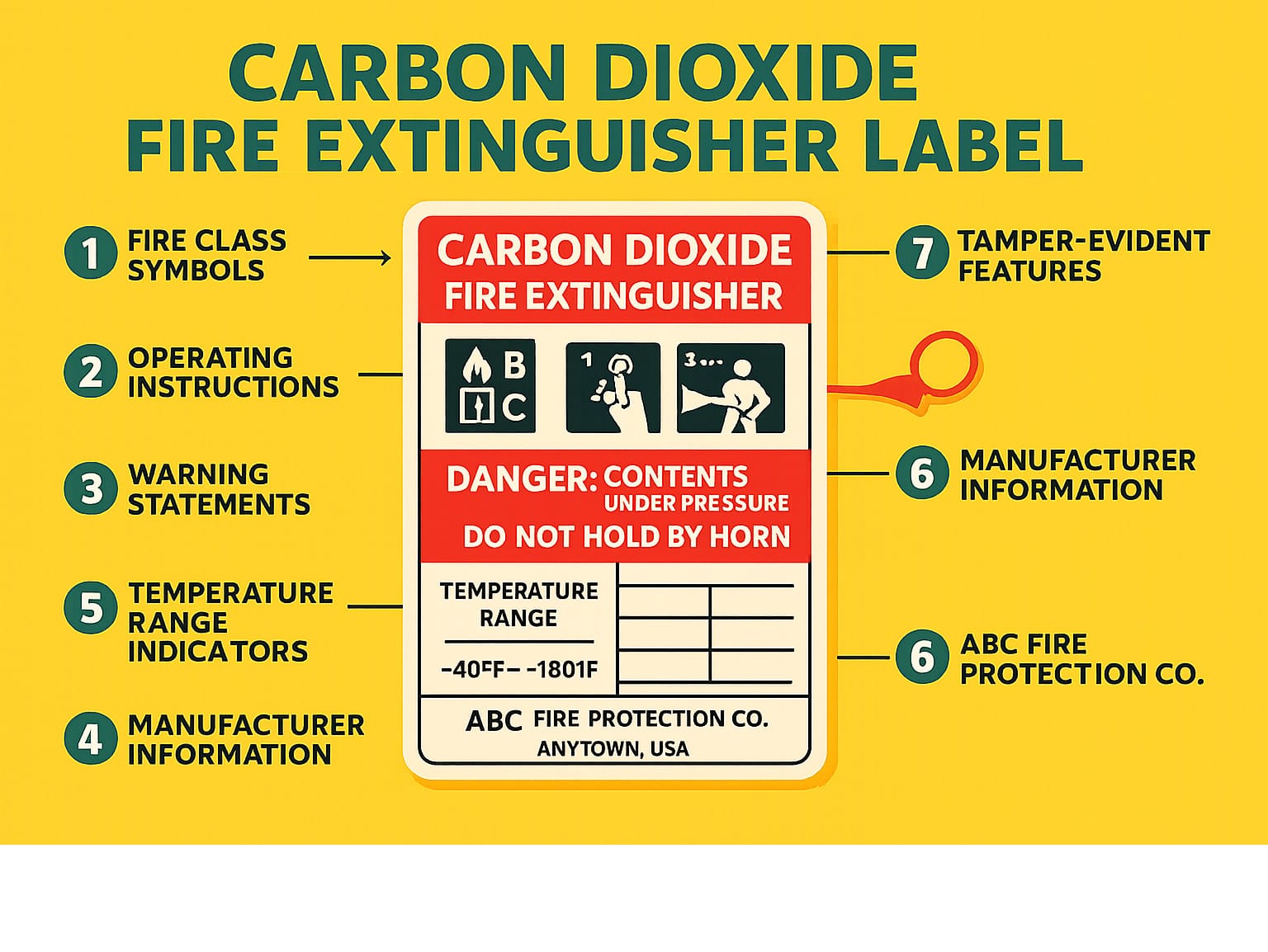 Carbon dioxide fire extinguisher label diagram showing key components: 1) Fire class symbols (B&C), 2) Operating instructions with pictograms, 3) Warning statements, 4) Maintenance record section, 5) Temperature range indicators, 6) Manufacturer information, and 7) Tamper-evident features - carbon dioxide fire extinguisher label infographic 