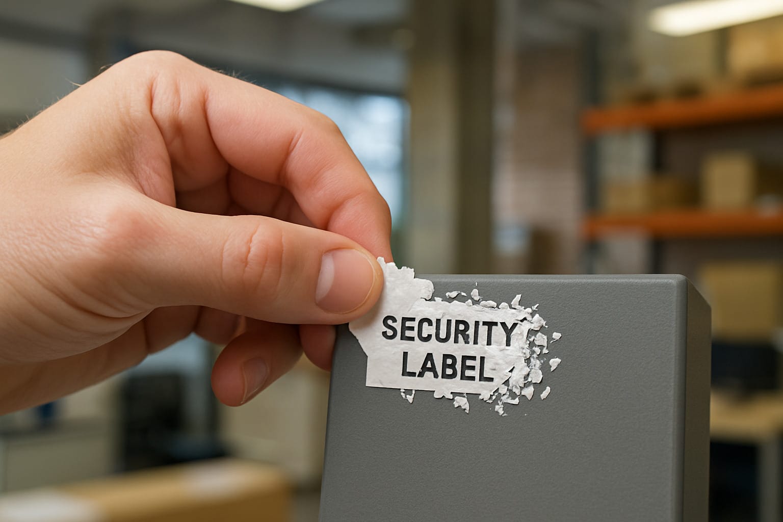 label tearing demonstration showing destructible vinyl fragmenting into small pieces - custom destructible labels