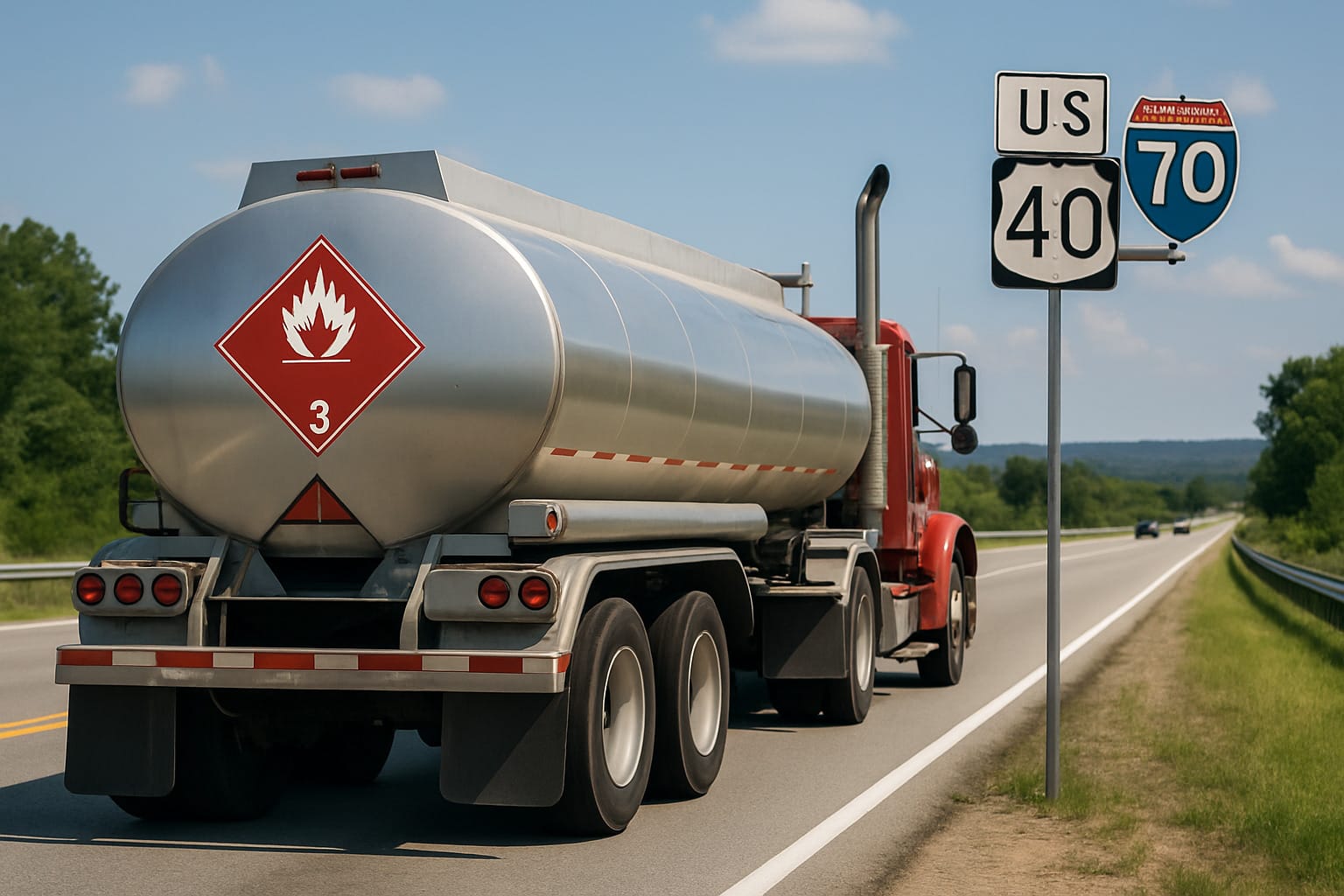 DOT Class 3 flammable liquid placard on a tanker truck - flammable liquid hazard symbol