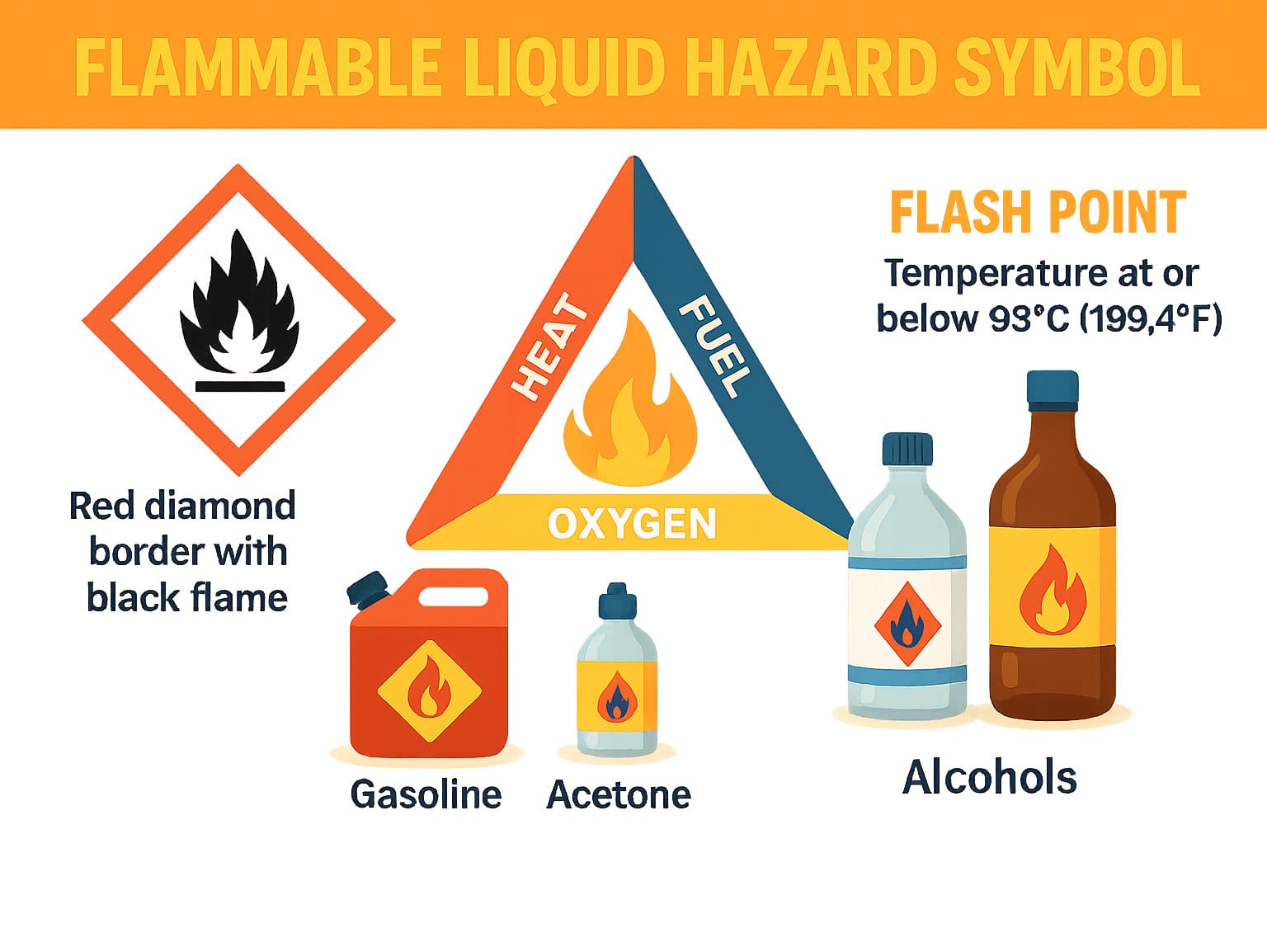 Infographic showing the flammable liquid hazard symbol, the fire triangle (heat, fuel, oxygen), and flash point definition with examples of common flammable liquids like gasoline, acetone, and alcohols - flammable liquid hazard symbol infographic 