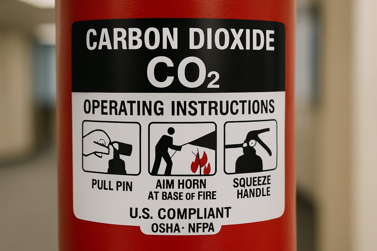 CO2 fire extinguisher operating label with pictorial instructions - carbon dioxide fire extinguisher label