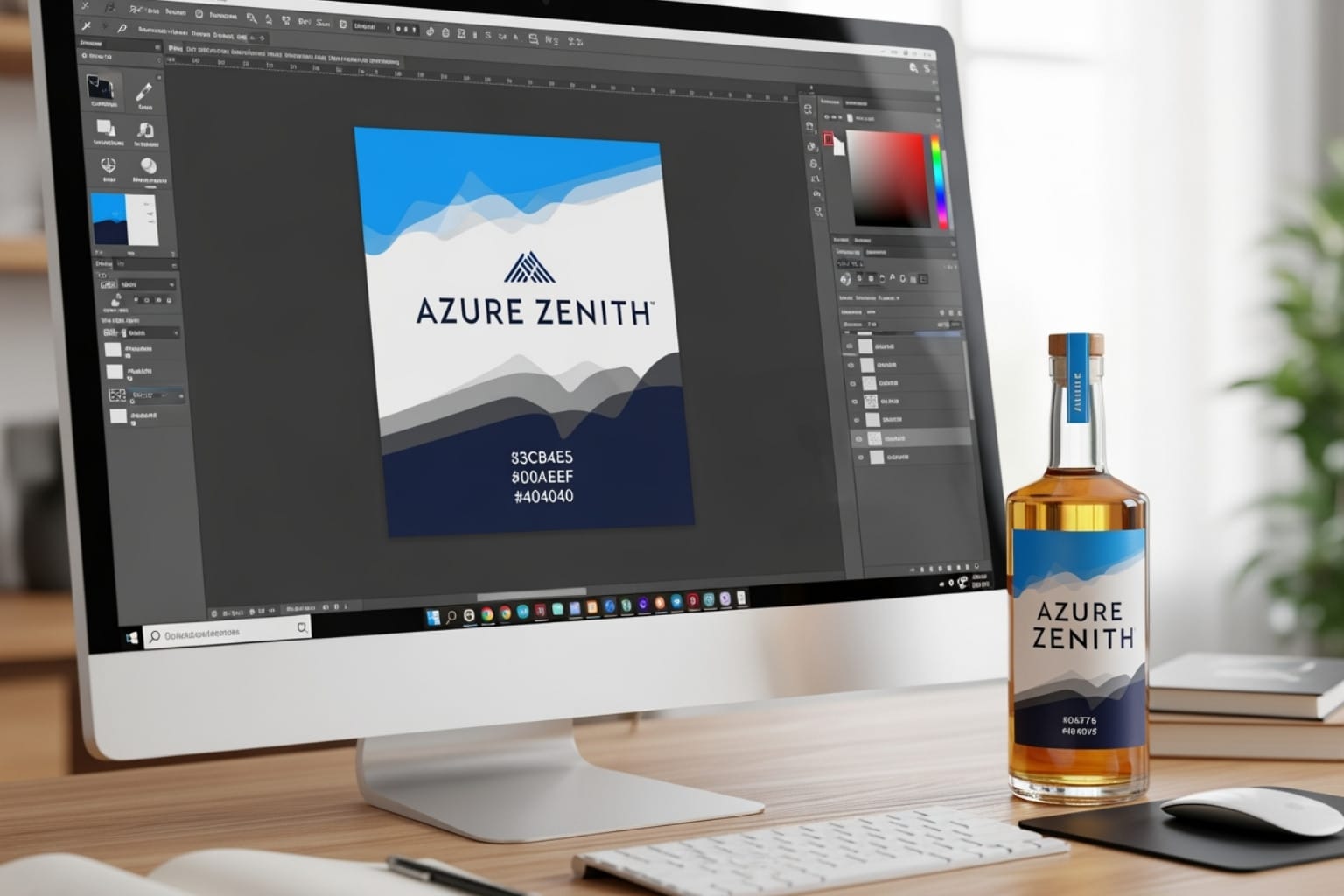 the label design and proofing process on a computer screen next to a finished bottle - spirit bottle labels
